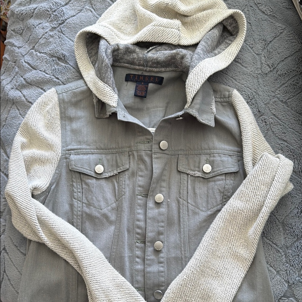 Gray and Cream Hooded Denim Jacket